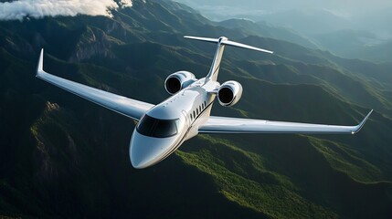 Sleek private jet soaring above breathtaking mountain landscape under clear blue sky : Generative AI