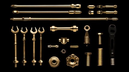 Fototapeta premium Gold machine parts arranged on black background; industrial product shot
