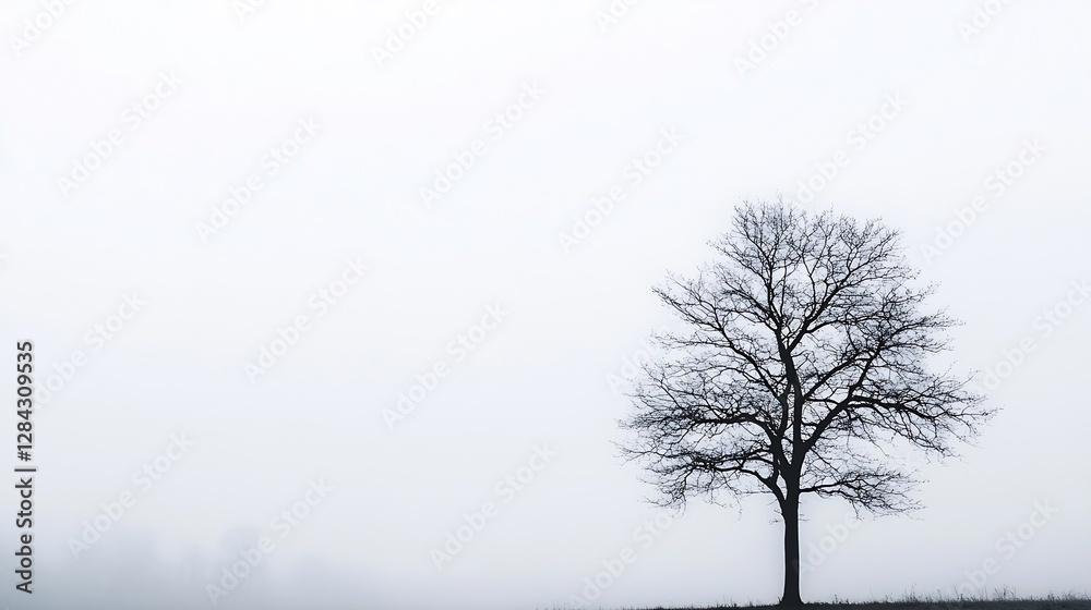 Poster Mysterious Bare Tree in a Foggy Landscape with Soft Gray Background and Hazy Atmosphere : Generative AI