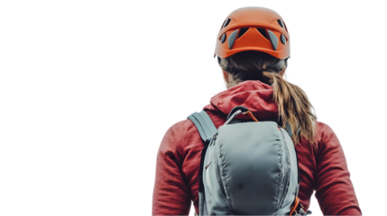 Woman Climber with Backpack and Helmet   Adventure Travel