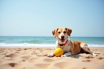 Happy dog lying with ball on sandy beach, enjoying sunny day by ocean waves. Concept features dog lying with ball, capturing joy and playfulness in beautiful outdoor setting.