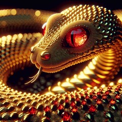 golden snake with red glowing eyes, close-up