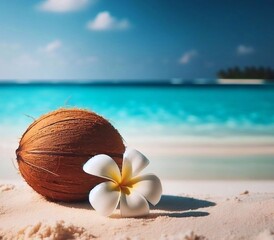 coconut and frangipani flower on the beach against the backdrop of the azure sea
