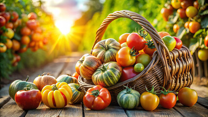 Multicolored heirloom tomatoes spill from a basket. Sunlight intensifies their striped skins. Blurred vineyard.  