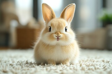 Obraz premium A fluffy bunny sits on a soft rug, gazing curiously with large eyes and perked ears, This adorable image is perfect for pet-related content, greeting cards, or children's book illustrations,