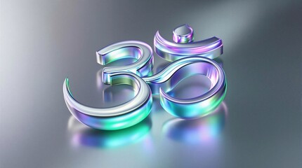 glass symbol of Hinduism Om with lilac and mint backlight on a silver surface