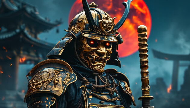 Towering Oni Warrior Warlord Beneath the Blood Moon, black-and-gold samurai armor, golden mask, glowing red crimson, ivory horns, Oni Demon, Troll, ogre, Japanese folklore mythology
