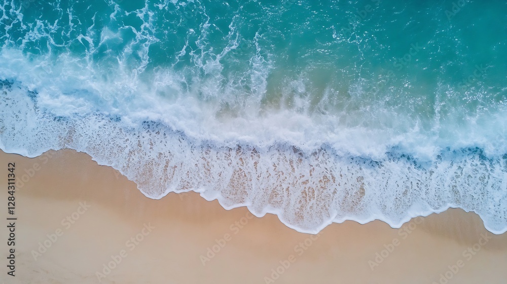 Aufkleber stunning aerial view of ocean waves crashing onto the sandy beach creating a vibrant seaside landsca