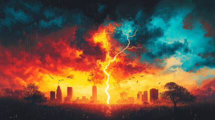 Obraz premium Urban Thunder: A striking illustration of a dramatic storm unfolding over a cityscape, with intense lightning strikes illuminating the skyline, creating a powerful and awe-inspiring scene.