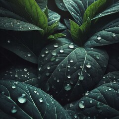 Fototapeta premium Dew-covered green leaves with water droplets in a lush, vibrant, and fresh natural setting