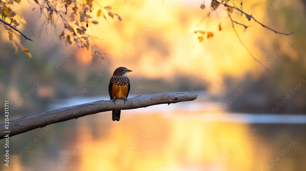 Aufkleber Serene view of a bird perched on a branch surrounded by soft autumn colors creating a tranquil natural scene : Generative AI