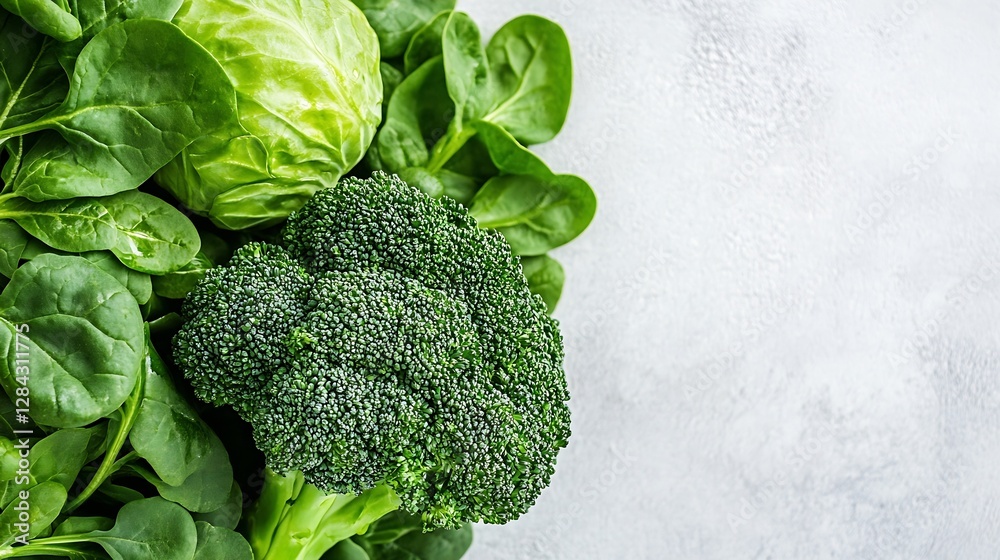 Poster fresh vibrant greens including broccoli and spinach arranged on a textured surface for a healthy foo