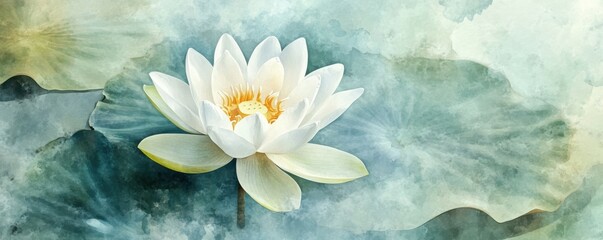 Serene white lotus flower on watercolor background