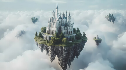 Obraz premium Majestic fantasy anime castle in the clouds surrounded by floating islands and dreamlike landscapes. Surreal Floating Castle. Illustration