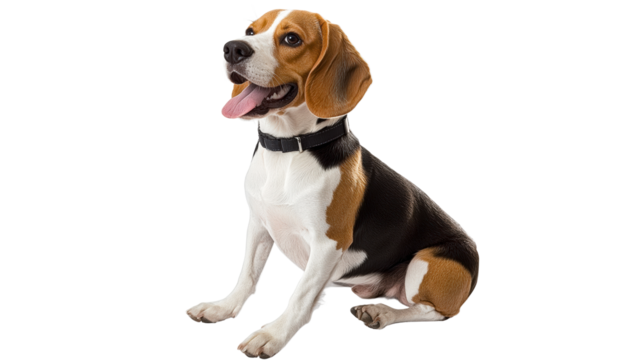 Beagle sitting and looking cheerful indoors