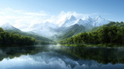 Fototapeta premium A serene landscape featuring majestic mountains, lush greenery, and a calm lake reflecting the beauty of nature.