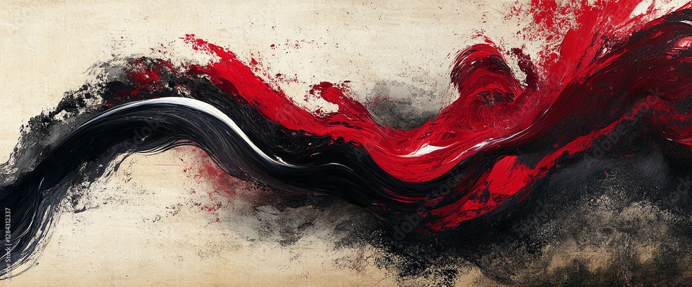 Poster abstract black, white, and red paint strokes on a beige canvas, symbolizing bold contrast, movement,
