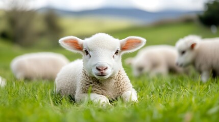 Obraz premium Adorable young lamb lounging in a green meadow surrounded by playful siblings in a pastoral setting : Generative AI