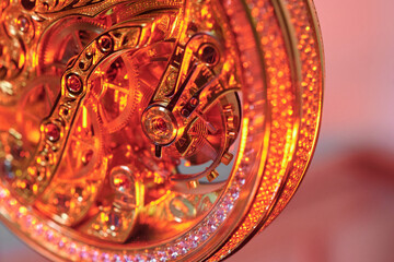 Intricate beauty of a jewelry watch mechanism showcasing the craftsmanship of gears and gemstones in stunning macro detail