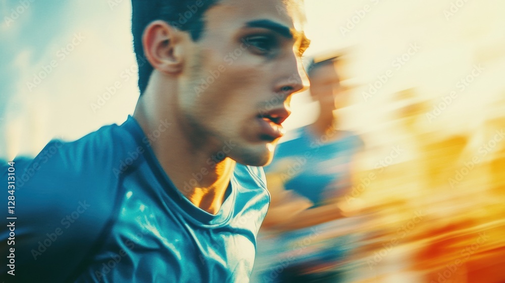 Aufkleber Runner transforms from tired competitor at start line to strong victor after race, captured in dynamic motion blur. Generative AI