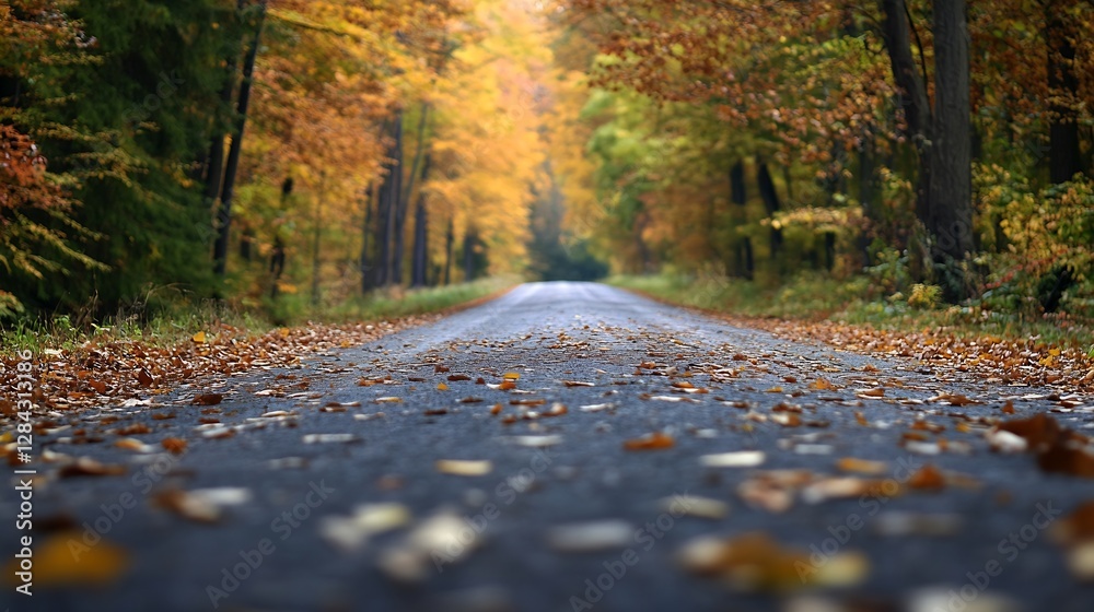 Poster an inviting autumn road covered with leaves in a beautiful forest creating a picturesque scene : gen