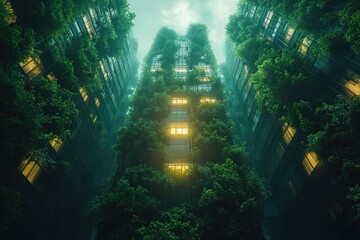 Obraz premium Urban jungle with glowing windows in a modern skyscraper surrounded by lush greenery during twilight