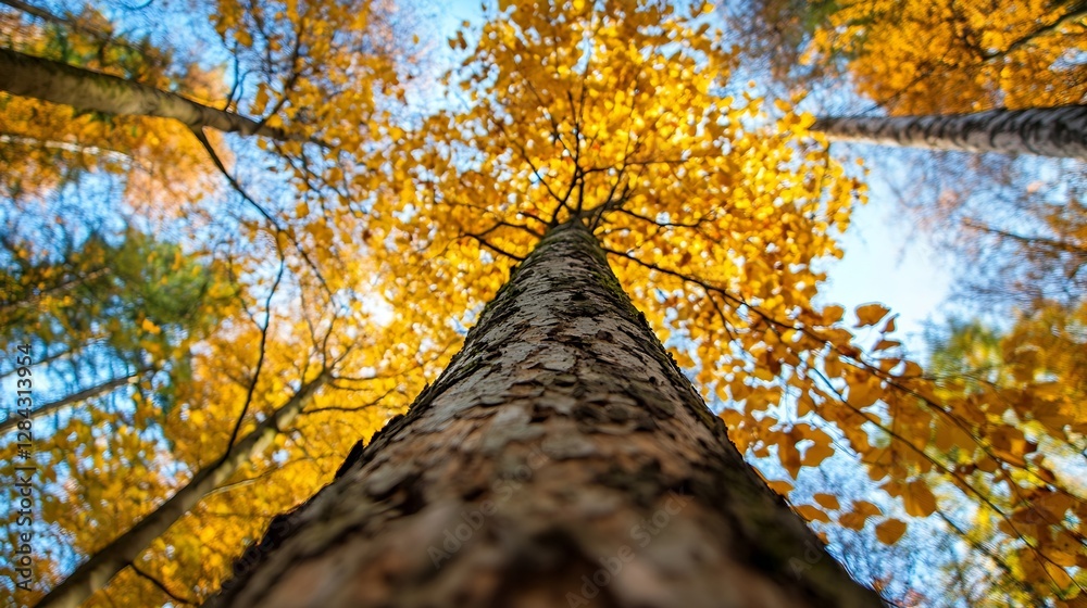 Poster captivating autumn forest scene viewed from ground level highlighting vibrant yellow leaves on tall 