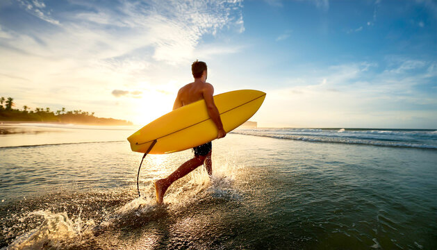 Mann mit Surfbrett rennt in die Wellen 