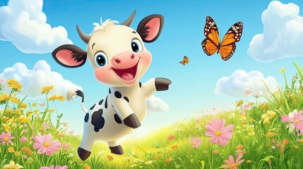 A playful baby cow jumps with excitement trying to catch a butterfly amidst colorful flowers under a bright blue sky