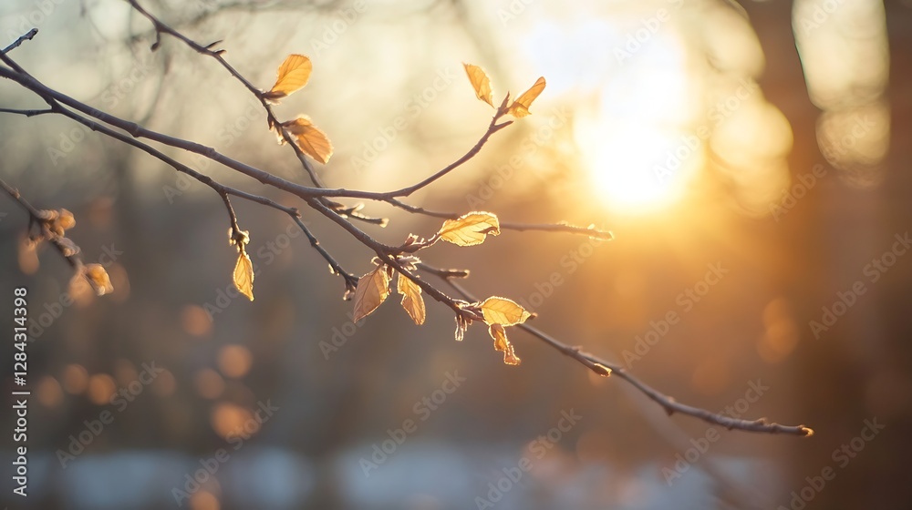 Leinwandbilder illuminated branch with autumn leaves and soft sunlight filtering through trees : generative ai