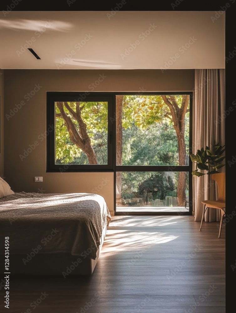 Wall mural Modern bedroom with large window overlooking lush trees in bright afternoon light. Generative AI