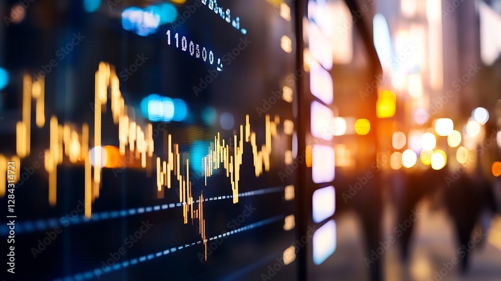 Poster vibrant stock market display showing financial data trends illuminated by urban city lights : genera