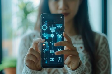 close-up photo of a woman holding a mobile smartphone with various IoT technology icons on the screen, symbolizing the integration of e-commerce and omnichannel marketing