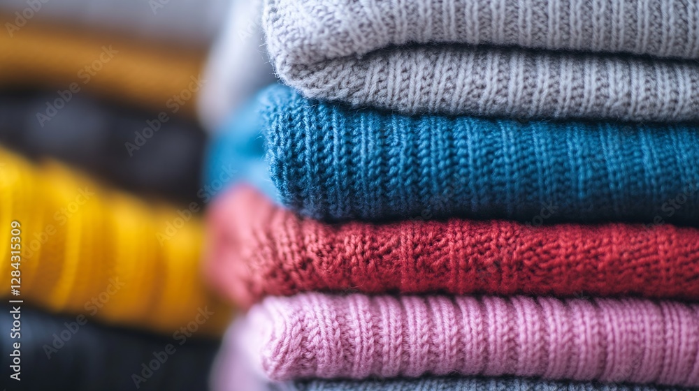 Poster Stacked colorful knitted sweaters arranged neatly showcasing various textures and fabrics : Generative AI