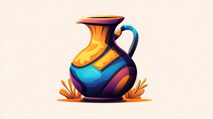 Vibrant Hand-Drawn Illustration of a Decorative Jug Against a Beige Background AI Generated