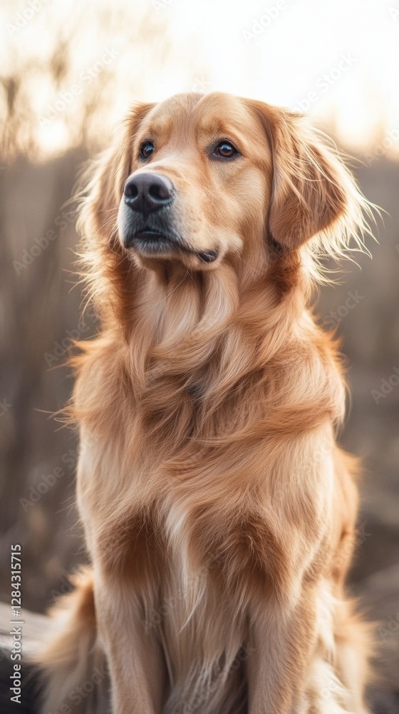 Poster golden retriever sitting calmly in a natural setting during sunset. generative ai