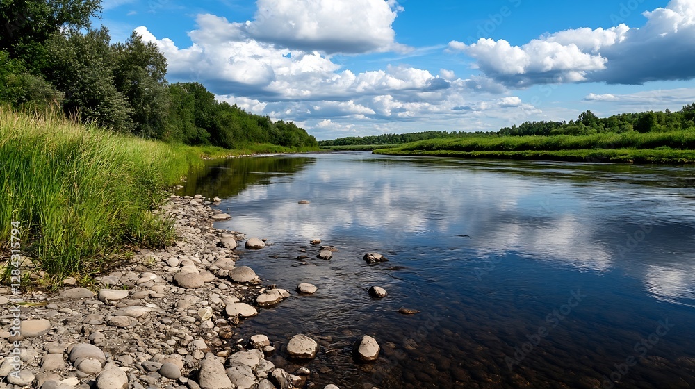 Poster serene river landscape view with rocks and lush greenery under blue sky and fluffy clouds : generati