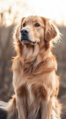 Fototapeta premium Golden retriever sitting calmly in a natural setting during sunset. Generative AI