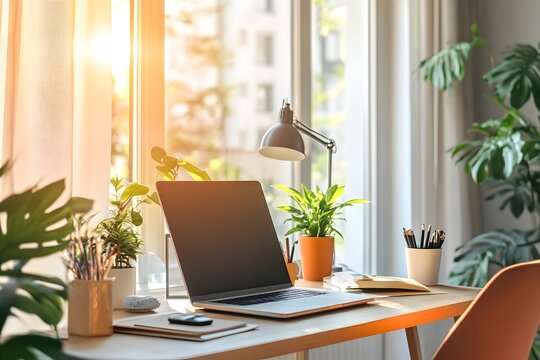 Cozy and Productive Home Office Setup with Natural Lighting and Greenery