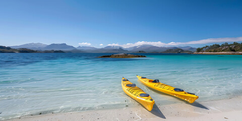 Scenic Beach with Yellow Kayaks, Crystal-Clear Water, and Distant Mountains
