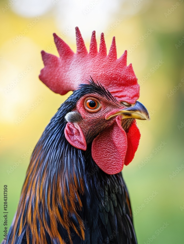 Poster close view of a majestic rooster displaying vibrant feathers in a lush garden during midday. generat