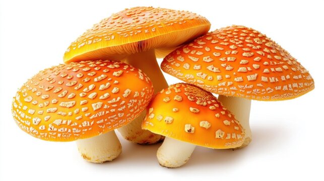 Group of Orange Toadstool Mushrooms with White Spots Isolated on White Background