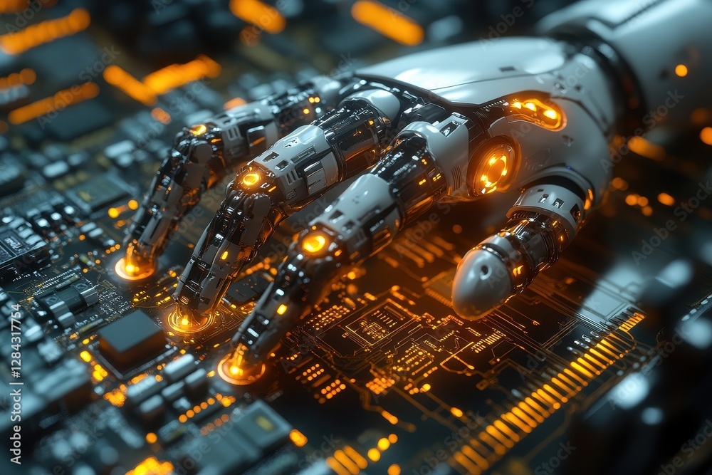 Poster intricate robotic hand manipulating a circuit board with glowing components in a high-tech environme