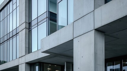 Closeup of a modern concrete building featuring large glass windows and a sleek design : Generative AI
