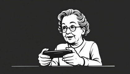 Engaged Elderly Woman Playing Handheld Game in Classic Illustration Style