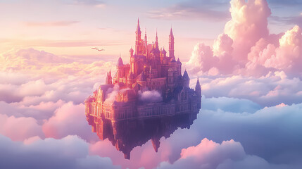 A vibrant, surreal castle with intricate details floating above a vast sea of clouds, evoking a sense of wonder and imagination. Surreal Floating Castle. Illustration