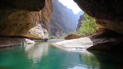 Serene view of a crystal clear river flowing through a majestic canyon landscape : Generative AI