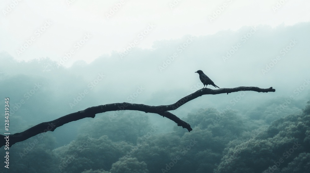 Poster lone bird perched quietly on a dead tree branch during foggy morning in a forested landscape. genera