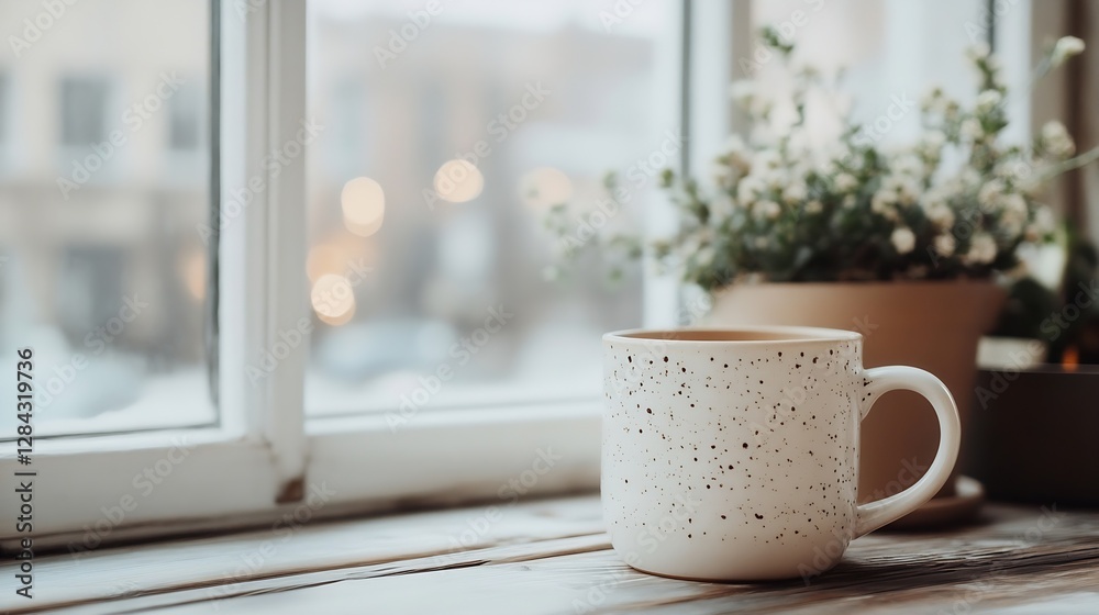 Poster a cozy indoor setting showcasing a speckled mug and greenery near a window with soft lighting : gene