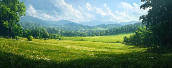 Obraz premium Serene summer landscape with rolling hills and expansive green meadow